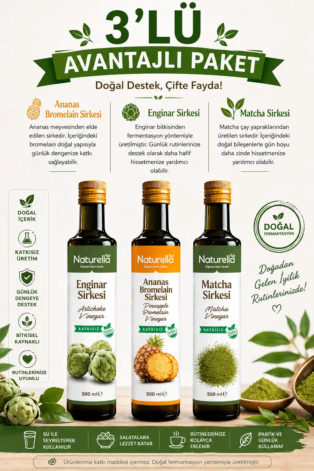 NATURELLA ANANAS BROMELİAN, ENGİNAR & MATCHA SİRKE SETİ 3 x 500 ml görsel 2