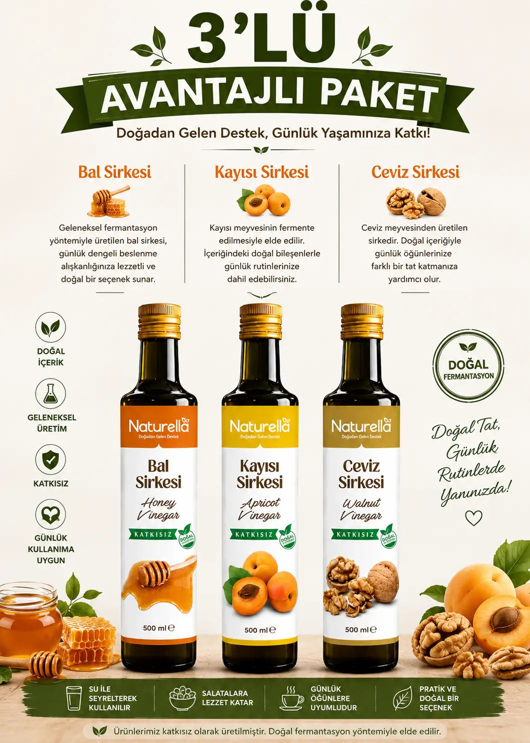 NATURELLA BAL, KAYISI & CEVİZ SİRKE SETİ 3 x 500 ml görsel 2