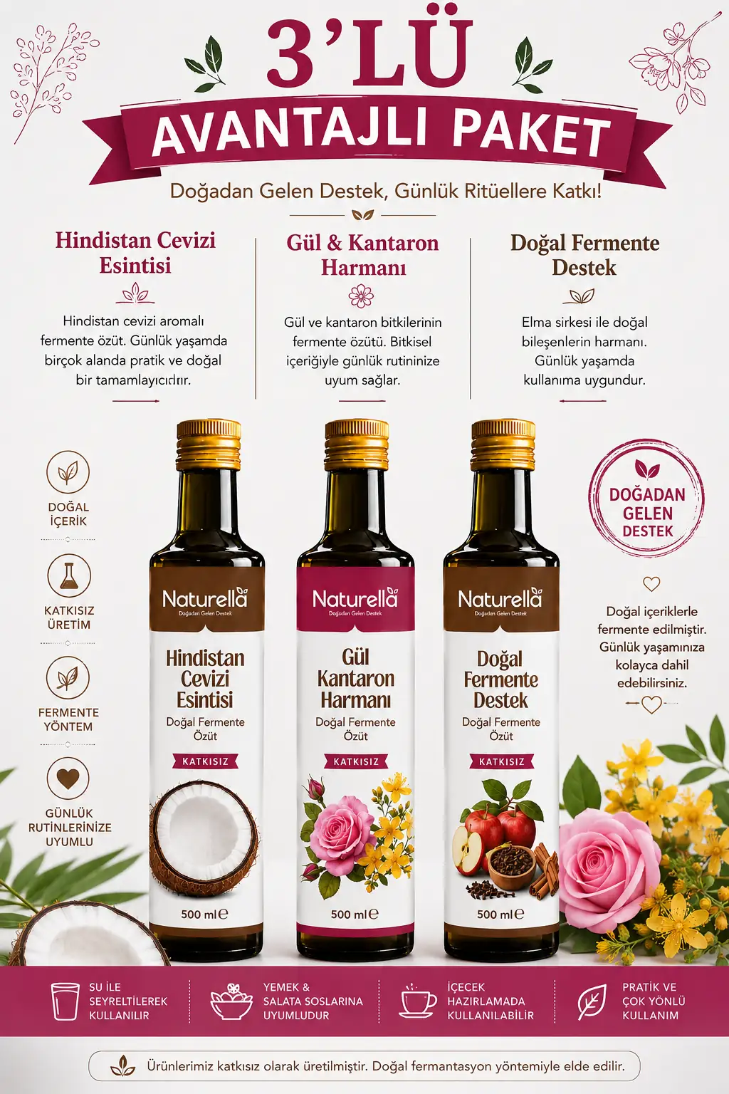 NATURELLA HİNDİSTAN CEVİZİ , RELAX ve GÜL & KANATARON Sirkesi 3'lü Set x 500 ml görsel 2