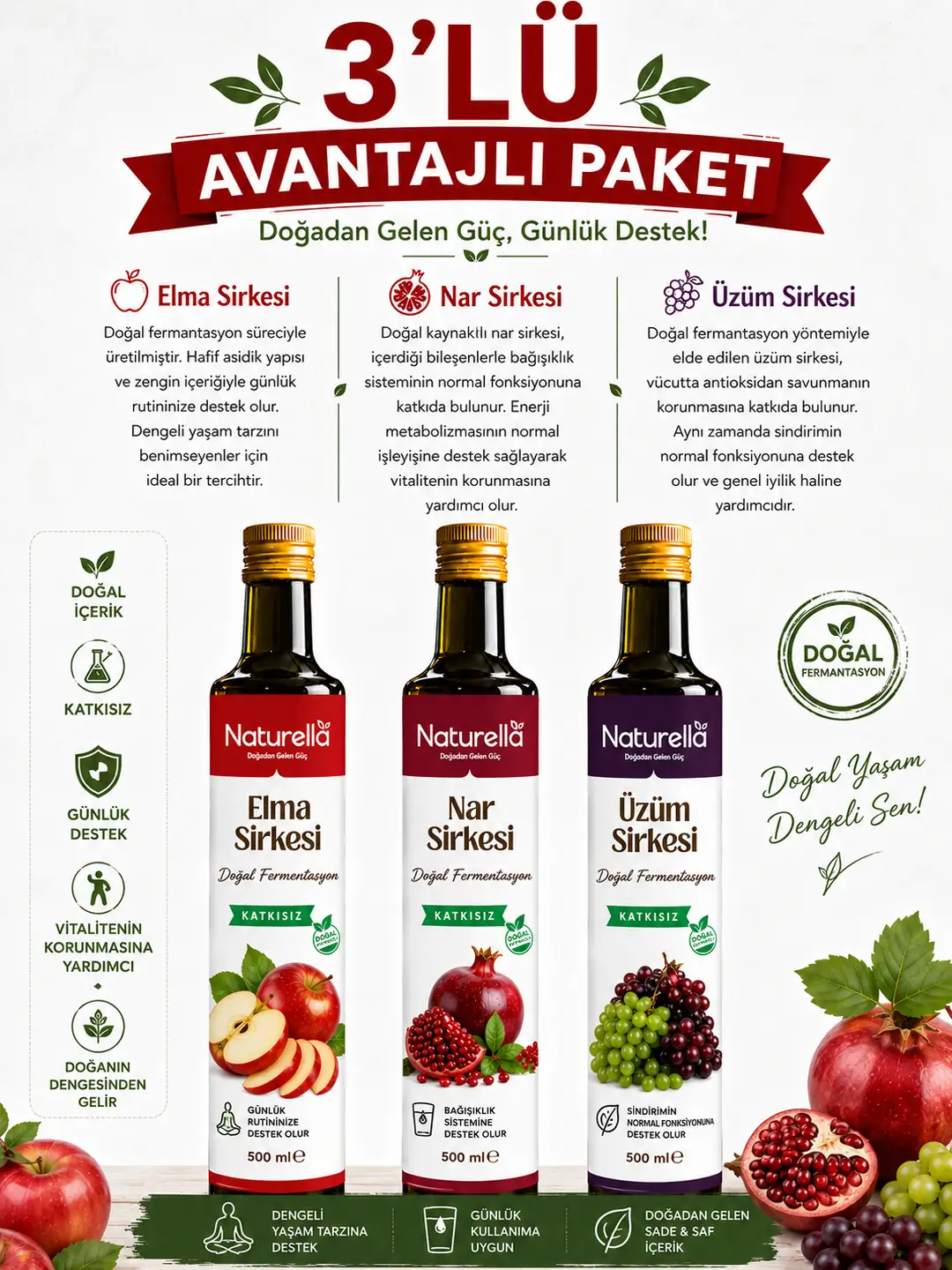 NATURELLA NAR , ÜZÜM & ELMA SİRKE SETİ 3 x 500 ml görsel 2